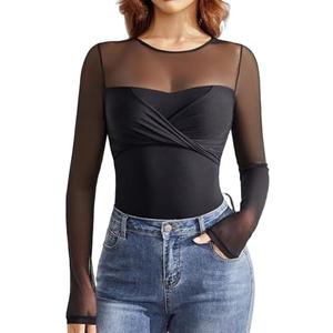 Avidlove Bodysuits for Women Long Sleeve Crew Neck Body Suit One Piece Sheer Leotard Twist Knot Going Out Tops M