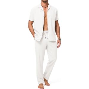 Men's Beach Outfit 2 Piece Casual Button Down Shirt Short Sleeve Loose Shirts and Pants Vacation Sets for Men (3X-Large, White)