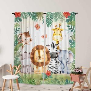 Jungle Safari Window Curtains for Kids Boys Girls Watercolor Cartoon Forest Animals Baby Living Room Bedroom Nursery Toddler Rod Pocket Drapes Home Party Decor Durable Fabric 84 in x 84 in (02)