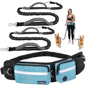 PetAmi Hands Free Dog Leash, Dog Running Leash Belt Bag for Walking, Jogging, Dog Waist Double Zipper Pouch with Poop Bag Dispenser, Dual Padded Handles Reflective Bungee Leash, Double (Turquoise)