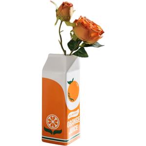 Ceramic Orange Juice Vase, 8.7-Inch Tall Modern Flower Vase with Unique Simulated Beverage Carton Design, Eclectic Vases for Flowers, Round Aesthetic Table Decor Art Vase
