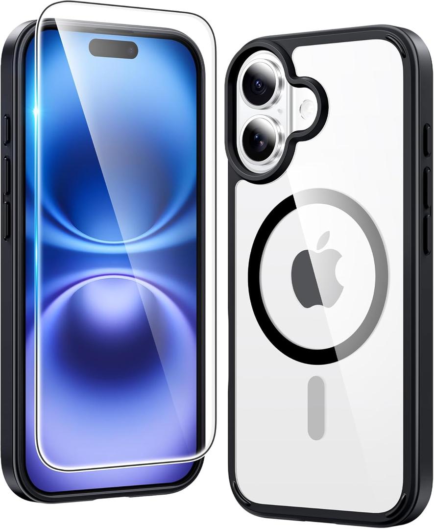 FNTCASE for iPhone 16 Case Clear: Magnetic Phone Cases with Screen Protector Drop Proof Compatible with Magsafe Slim Anti Yellowing Rugged Shockproof Protective Transparent Cell Cover (B-Black)