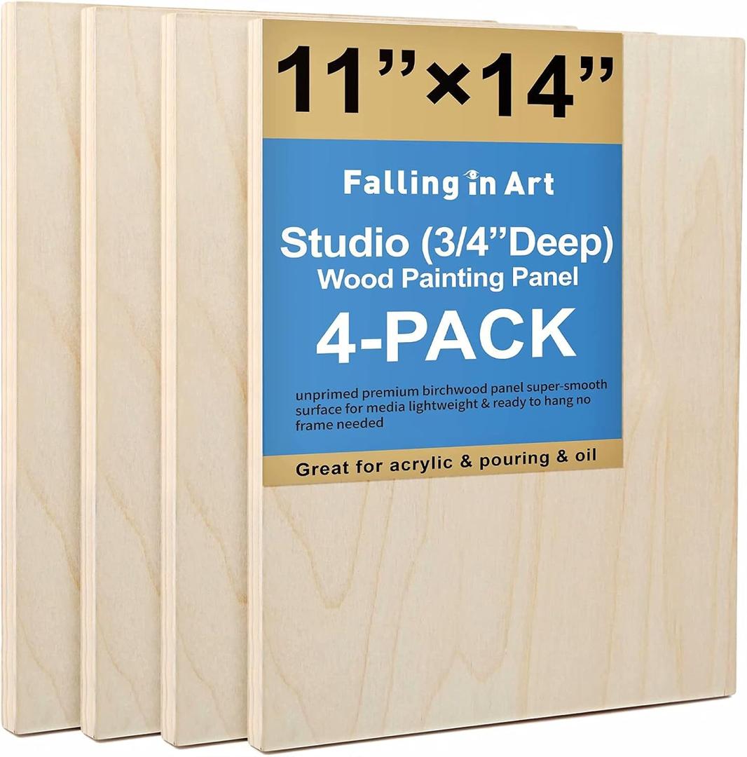 Falling in Art Unfinished Birch Wood Canvas Panels Kit, 4 Pack of 11x14'' Studio 3/4'' Deep Cradle Boards for Pouring Art, Crafts, Painting and More