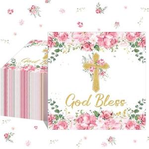 Nuanchu 50 Pcs Baptism Napkins God Bless Napkins Christening Party Decorations First Holy Communion Cross Religious Paper Supplies for Religious Holiday Dinner Party Decorations