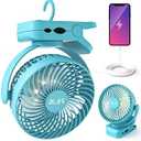 BLBS Clip on Fan 65Hrs Camping Fan with LED Light, 12000mAh Battery Operated Fans & PortableFan Rechargeable, Small Desk Fans USB TravelFan for Tent Camping Golf Stroller, Blue