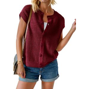 Saodimallsu Womens Short Cap Sleeve Sweater Vest Crochet Button Down Cardigans Crew Neck Summer Knit Tops (Red)