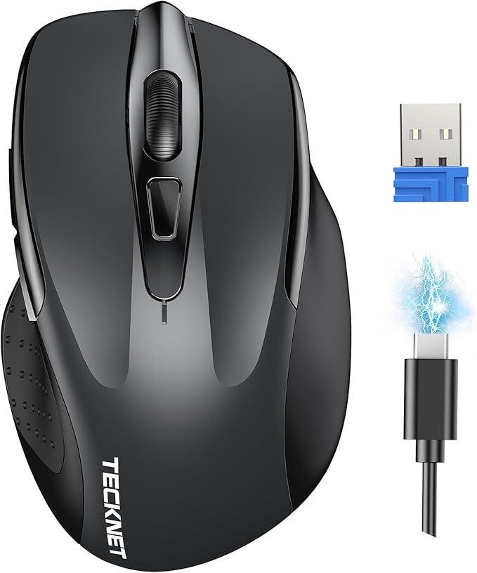 TECKNET Rechargeable Wireless Mouse, 2.4G Computer Mouse Cordless with USB Receiver, 4800DPI Adjustable Wireless Ergonomic Mouse for Laptop PC Windows Mac OS, Silent Click, Grey