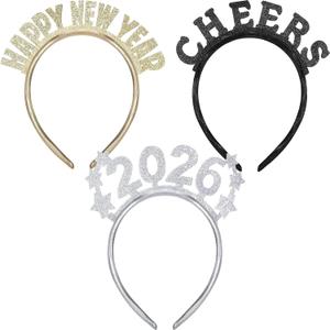 3 Pcs Happy New Year Headband for Women Let's Party Cheers Headband 2026 New Year's Eve Party Gifts Gold Silver Black Event for Years Eve Carnival Night Favors Gifts