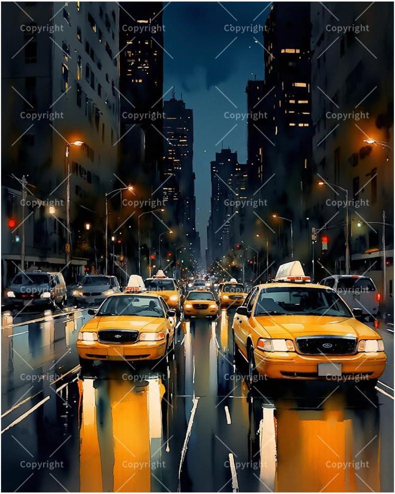 Urban Traffic Paint by Numbers Kit for Adults - DIY New York Yellow Cabs at Night Street Scene Painting on Canvas, Acrylic Paint Set for Beginners, Art for Home Decoration or Gifts(16X20IN Framed)