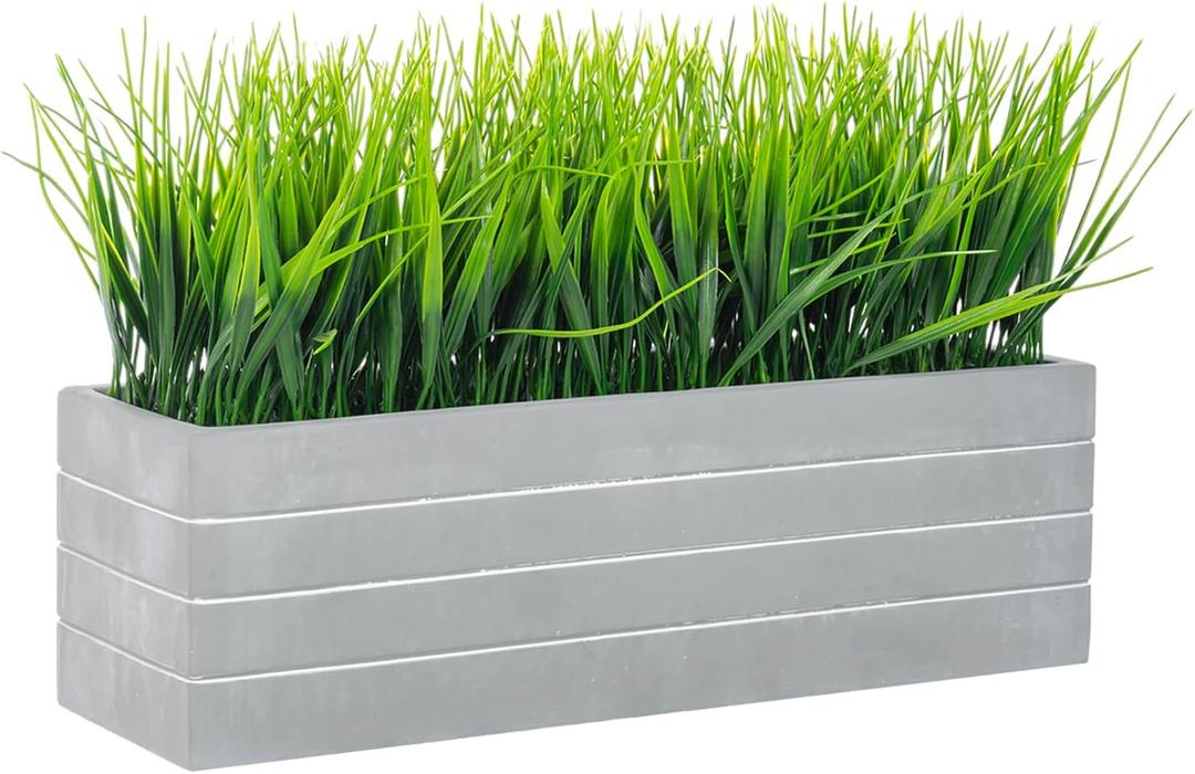 MyGift 15 Inch Artificial Green Grass Plants Potted in Ribbed Gray Concrete Planter Box, Tabletop Faux Greenery in Rectangular Cement Pot Centerpiece Dcor