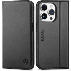 SHIELDON Case for iPhone 15 Pro 5G 6.1", Genuine Leather Wallet Flip Cover RFID Blocking Card Slots Magnetic Closure Shock-Absorbent Case Compatible with iPhone 15 Pro 2023 - Black