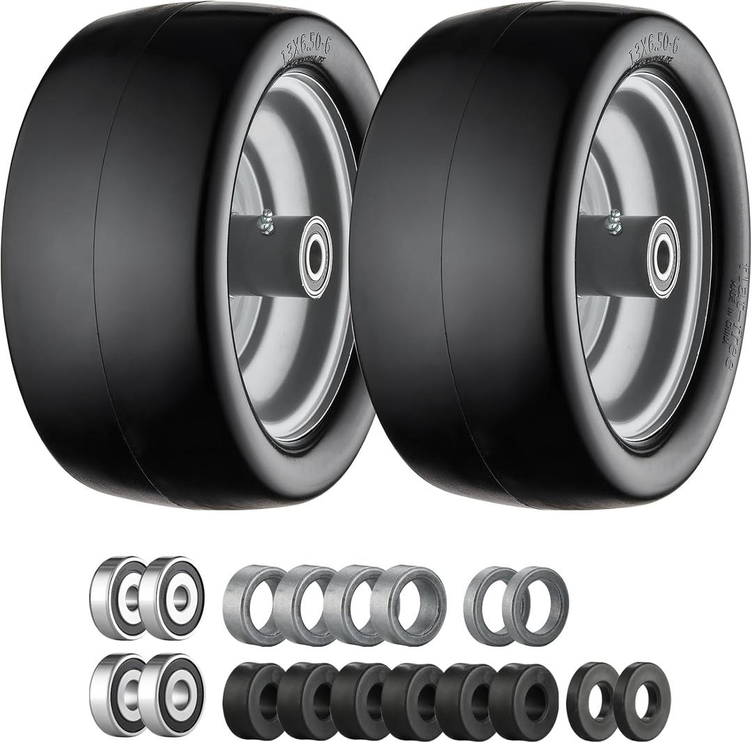13x6.50-6 Lawn Mower Tires Flat Free Zero Turn Front Tires with 3/4", 5/8" and 1/2" Bearings, 5.6"- 8.7" Centered Hub, Compatible with Lawn Mower Garden Tractor Silver Gray Rim - 2Pack