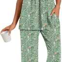 COFNEW Womens Summer Pajama Sets 2 Piece Short Sleeve Top and Capri Pants Plus Size Ladies Lounge Pjs Sets with Pockets M, Green Flower