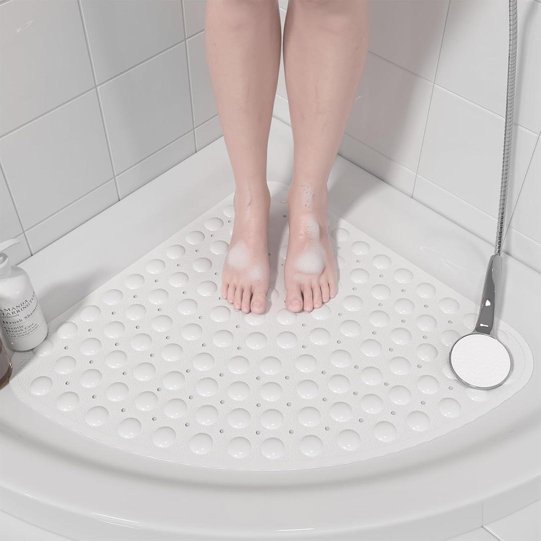 XIYUNTE Corner Shower Mat Non Slip - 21 x 21 Inches Corner Shower Mats for Inside Shower, Non Slip Triangle Shower Mat, Corner Shower Stall Mat with Suction Cups, Machine Washable, White
