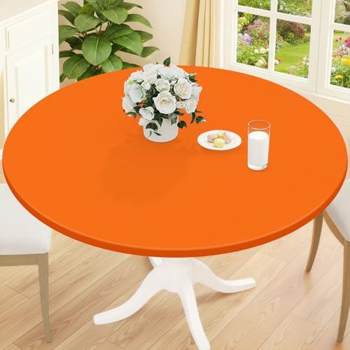 Smiry Round Picnic Tablecloth, Waterproof Elastic Fitted Table Covers for 36" - 44" Tables, Wipeable Flannel Backed Vinyl Tablecloths for Camping, Indoor, Outdoor, Orange