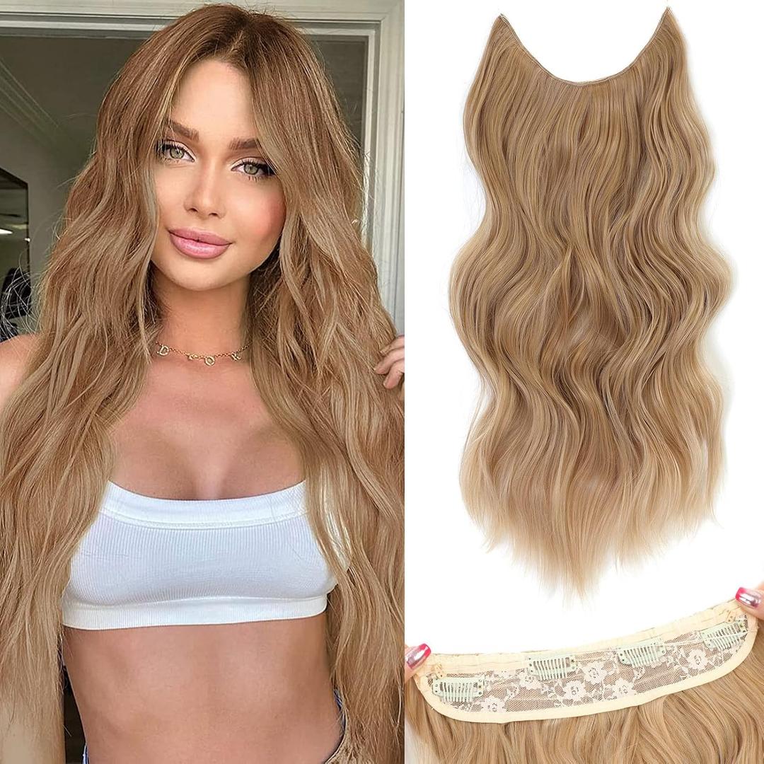 Halo Hair Extensions 20 Inch Invisible Wire Hair Extensions Adjustable Long Wavy Hairpiece Synthetic Upgrade 4 Secure Clips in Hairpieces 20 Inch,Honey Blonde