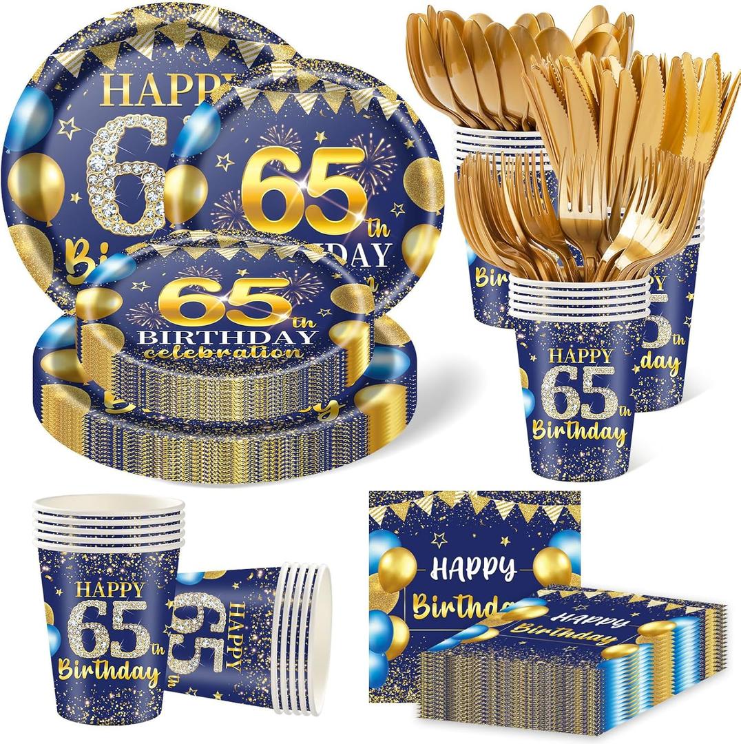 350PCS 65th Birthday Party Decorations for 50 Guests Blue and Gold Party Supplies for Men Include Disposable Paper Plates, Napkins, Cups, and Disposable Plastic Cutlery (65)