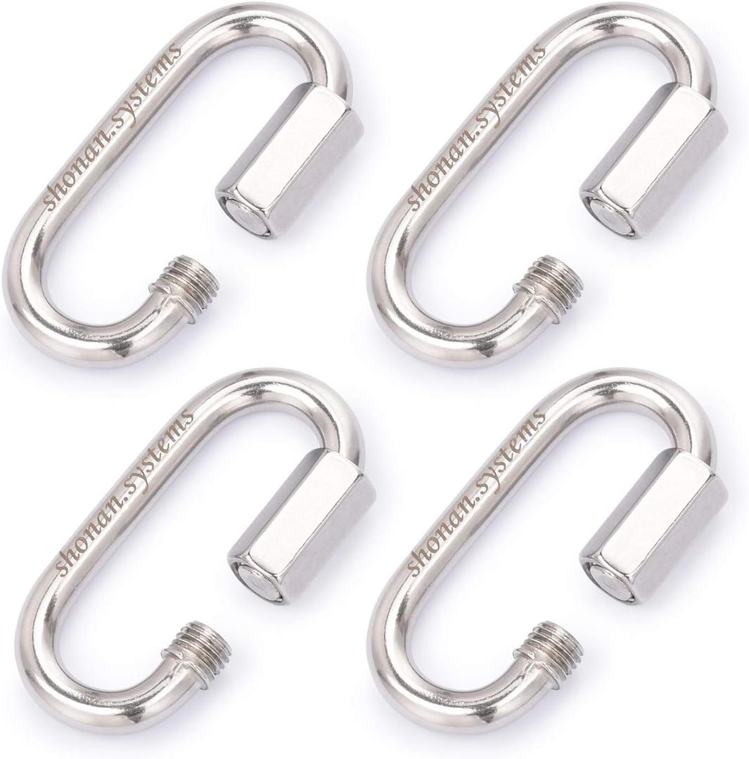 SHONAN 3 Inch Stainless Steel Chain Quick Links- 4 Pack 5/ 16” Large Locking Carabiners Heavy Duty Chain Connector, 1250 Lbs Capacity