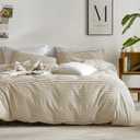 JELLYMONI 100% Natural Cotton 3pcs Striped Duvet Cover Sets, White Duvet Cover with Khaki Stripes Pattern Printed Comforter Cover, with Zipper Closure & Corner Ties(Full Size)