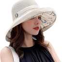 Summer Mesh Sun Hats for Women UV Protection Wide Brim Packable Beach Bucket Hat (One Size, Beige)
