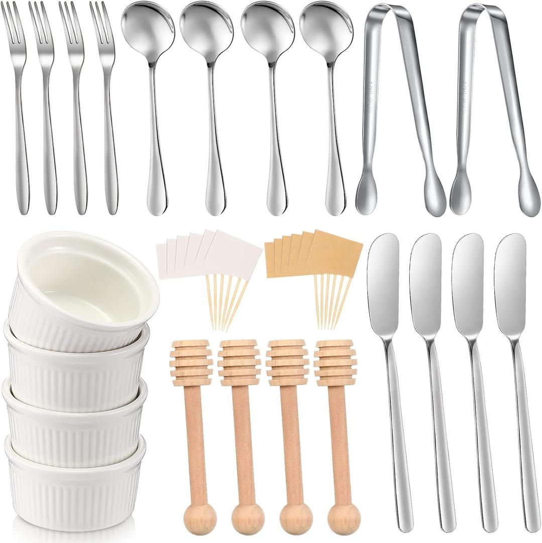 Charcuterie Board Accessories Utensils Cheese Butter Spreader Knives Set Include Serving Tongs, Knives, Spoons, Forks, Toothpick Flags, Honey Dippers, Bowl for Christmas Pastry Making (Silver)