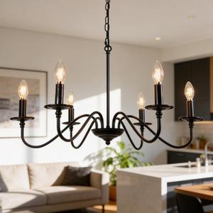 Rustic Farmhouse Candle Chandelier for Dining Room, 6-Light Rustic Black Iron Light Fixture with Classic S-Arm Design for Kitchen Island, Living Room, Foyer-Matte Black