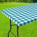 Smiry Rectangle Picnic Table Cloth, Elastic Waterproof Fitted Vinyl Tablecloths, Flannel Backed Buffalo Plaid Table Covers for Dining, Camping, Outdoor (White and Turquoise, 24" x 48")