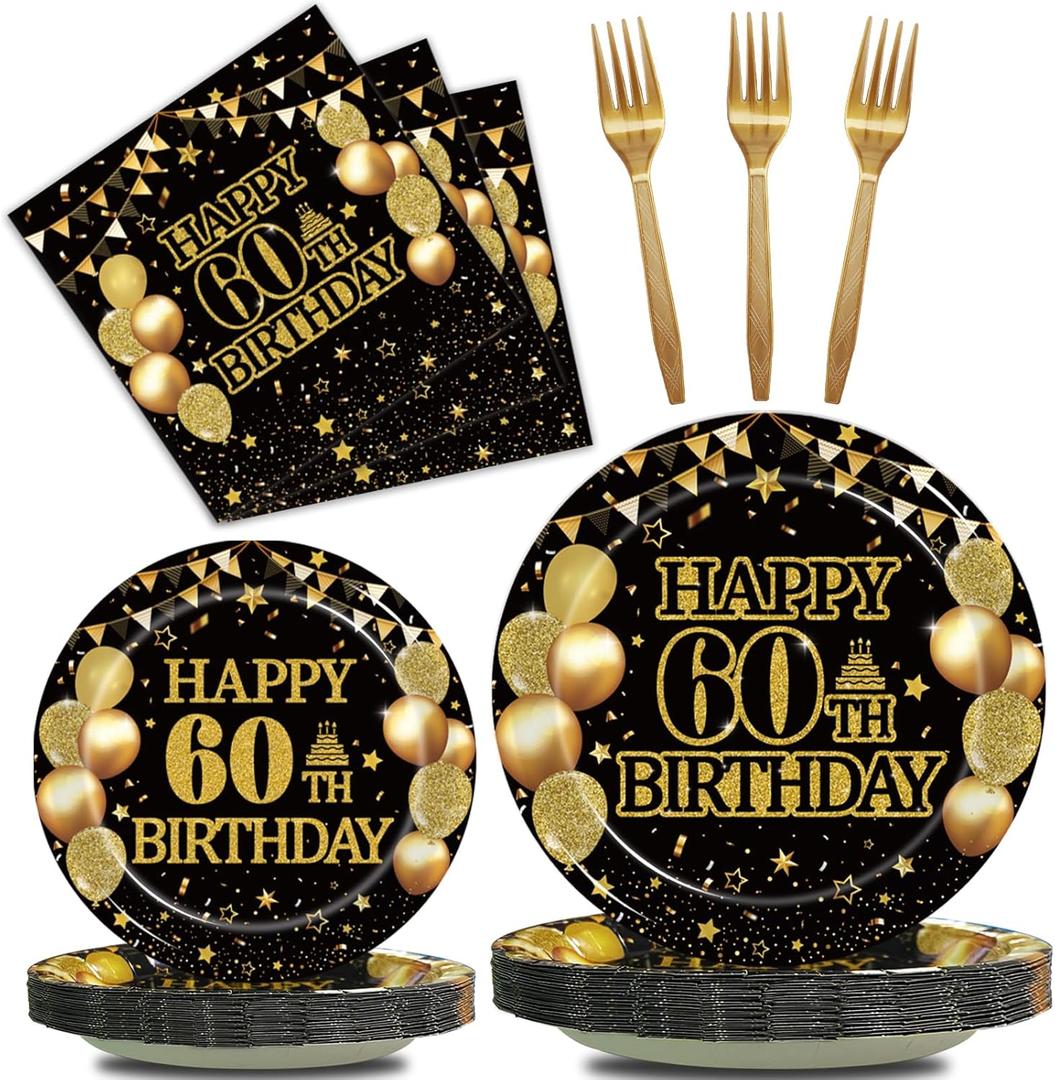 Kepeel 96Pcs 60th Birthday Party Tableware Set, Back in 1966 Birthday Party Decorations Supplies for Men Women Cheers to 60 Years Disposable Paper Plates Napkins Forks Favors, Serve 24