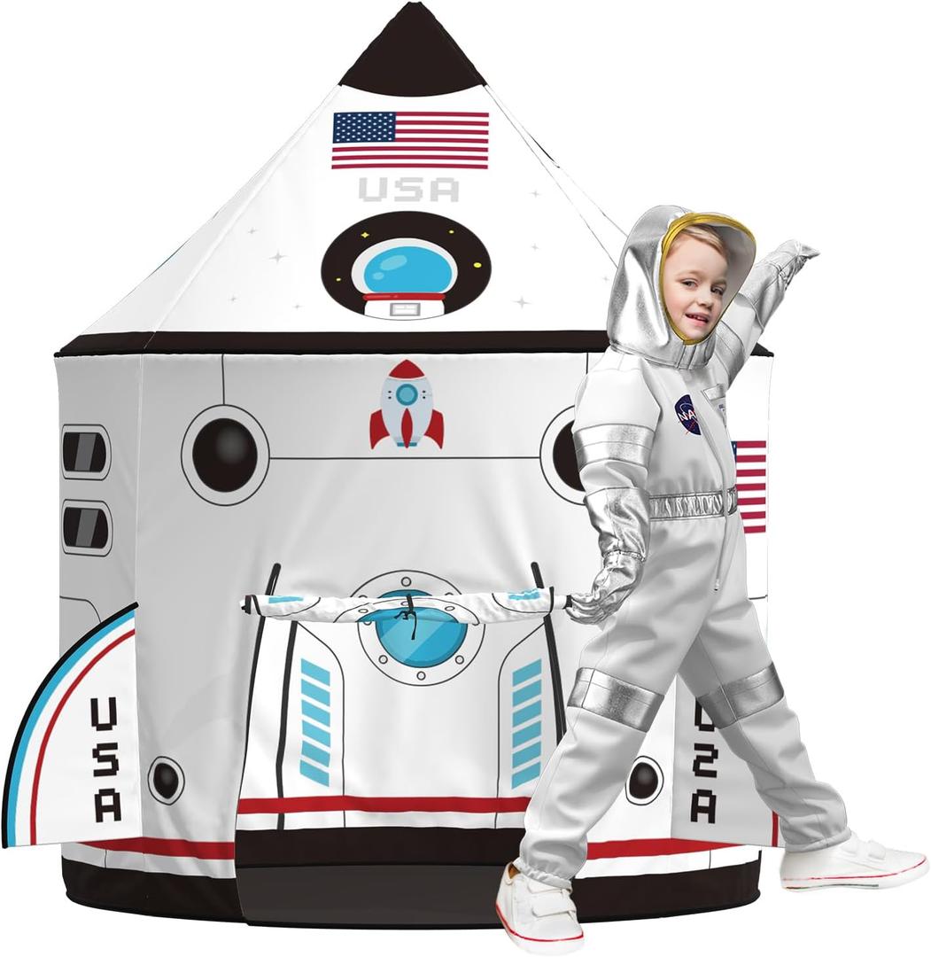 5Pcs Kids Tent and Astronaut Costume Luxury Set Spaceship Tent Space Toy Fun Rocket Ship Play Tent for Kids Toodlers 3-6 Year Old Outer Space Indoor Outdoor Play
