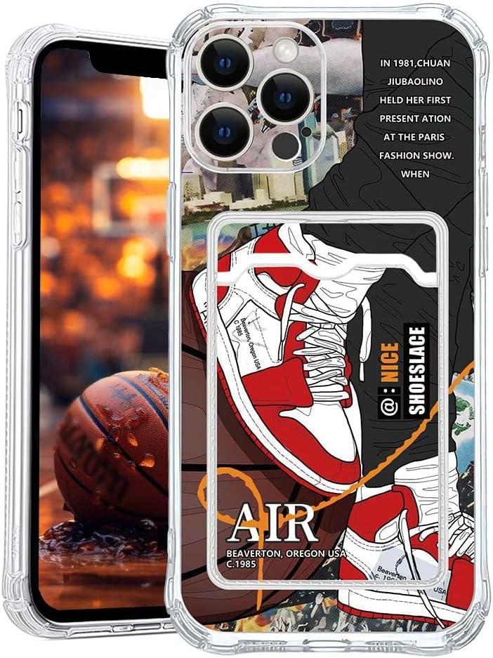 Basketball Shoes Clear Case Compatible with iPhone 14 Pro Max Case for Boys with Card Holder, Soft Off Silicone Cool Classic Sneakers Shockproof Card Slots White Cover