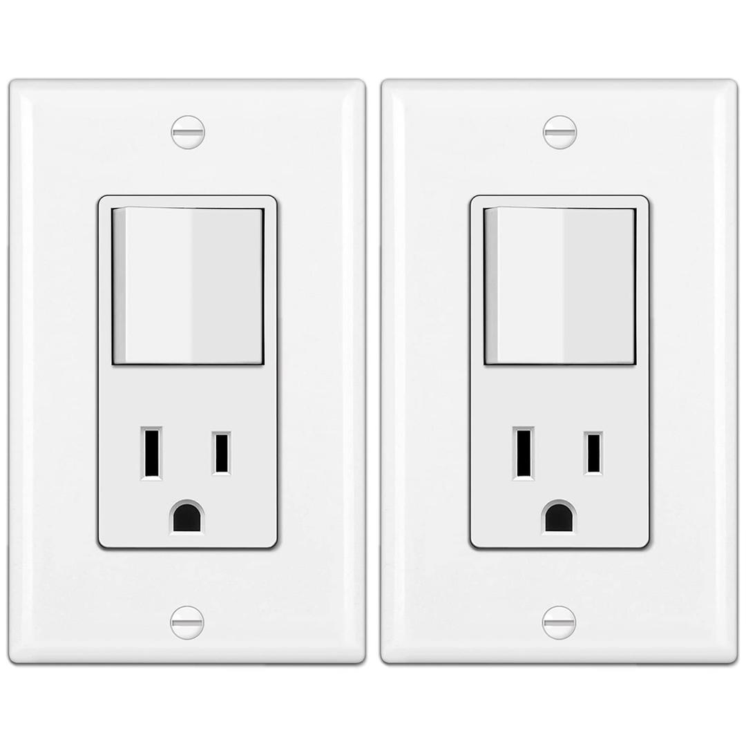 BESTTEN 2 Pack Combination Wall Light Switch and Decor Outlet, Single Pole Rocker Switch, 15A/120V, Decorative Receptacle, 15A/125V, Combo Style, Wallplate Included, Side Wire, UL Listed, White