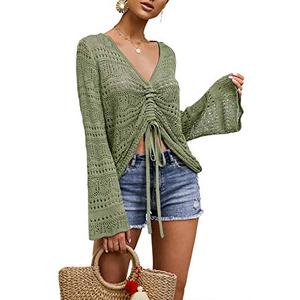FERBIA Women Crochet Top Beach Cloth Drawstring Shirt Cover Up Oversized Sexy Beachwear Lace Up Tee Poncho (Army Green, Medium)