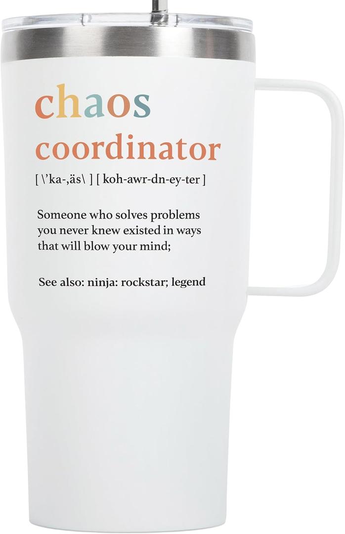 KLUBI Chaos Coordinator Tumbler Mug Gifts 20 Ounce Administrative Professional Day Gifts Teacher Appreciation Gifs for Women Valentines Day Gift for Co Workers Best Boss for Women (White)