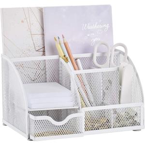 Annova Mesh Desk Organizer Office with 7 Compartments + Drawer/Desk Tidy Candy/Pen Holder/Multifunctional Organizer (White)