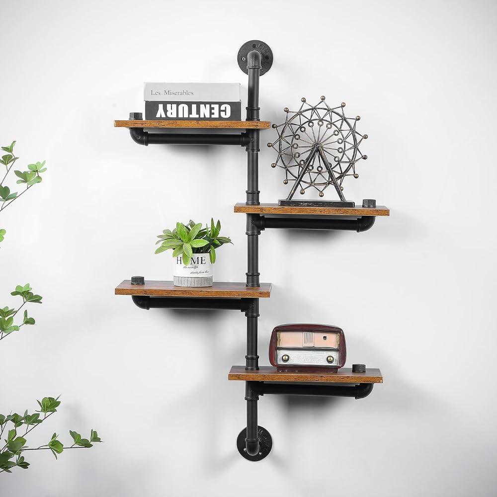 Industrial Pipe Shelving, Retro Rustic Wall Mounted Floating Shelves with Wood Planks for Bar, Kitchen, Living Room, Perfect for Home Decor and Organizing