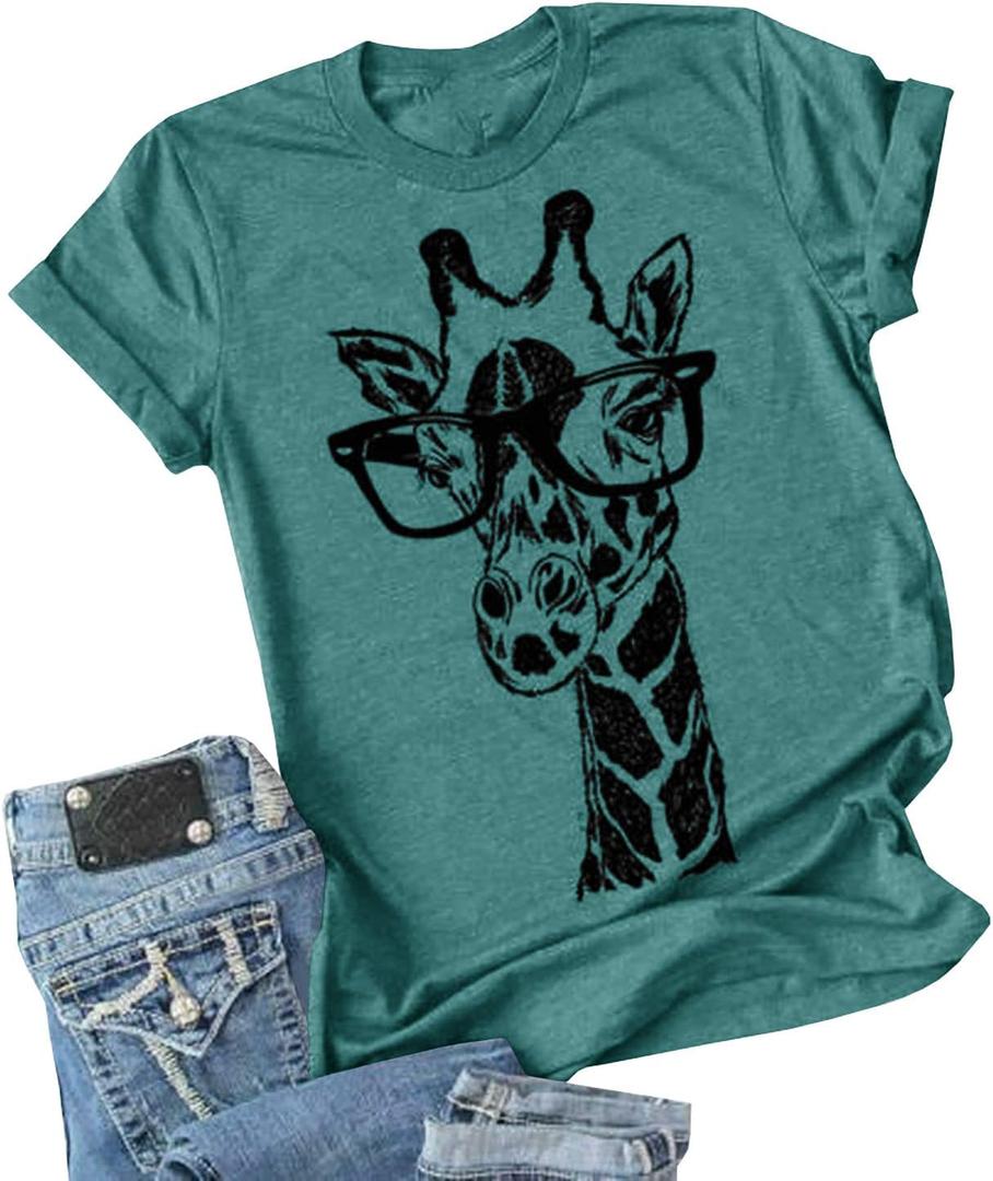 Auburet Womens Giraffe T Shirt Summer Funny Graphic Short Sleeve Crewneck Tees Casual Shirt Tops (X-Large, 1-lake Blue)