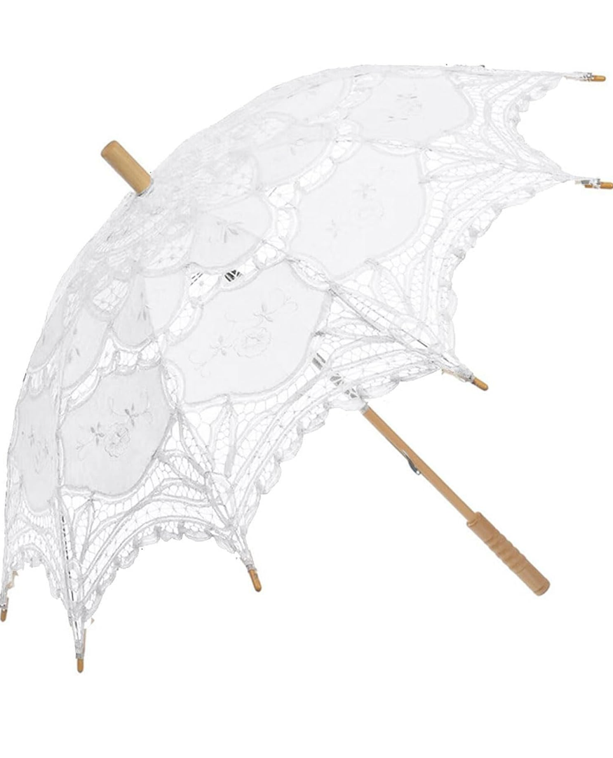 SQOIKOS Lace Parasol Umbrella Vintage Wedding Bridal Lace Umbrella for Decoration Photo Tea Party 32 Inch Adult Size (white)