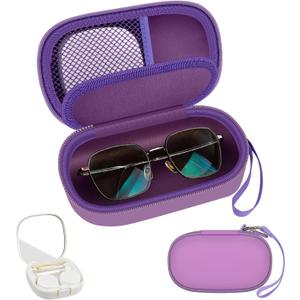 Portable 2 in 1 Contact Lens Case and Glasses Case, Traveling Contact Cases Bag Box Holder with Soak Storage Kit Included Built-in Mirror, Tweezer, Contact Lens Solution Bottle and Hand Strap-Purple