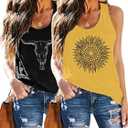 Womens Cow Mandala Racerback Tank Tops 2 Pack Sunflower Graphic Tanks Summer Sleeveless Tops Casual Fashion Clothes (Black+Yellow, S)