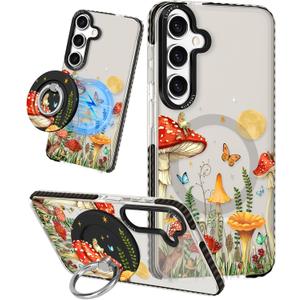 for Samsung Galaxy S24 Plus Case for Women - Girls Cute Design Compatible with Magsafe Magnetic Ring Holder Stand Mushrooms Butterflies Phone Covers Aesthetic Girly TPU Funda for S24 Plus