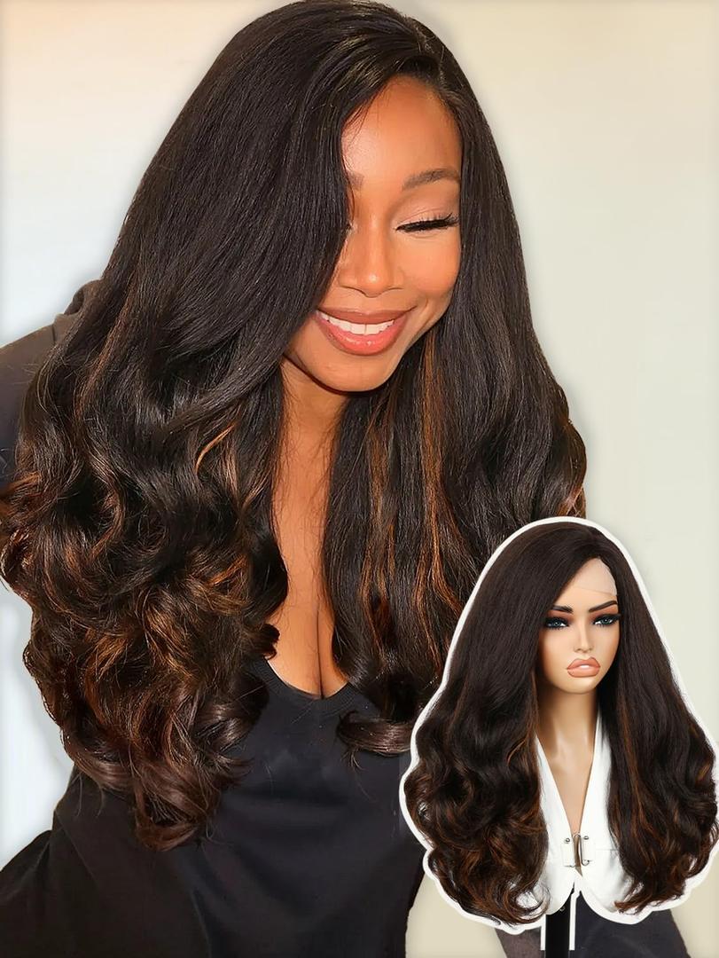 Quantum Love Highlight Yaki Curly Wigs Loose Curly Highlight Brown Layered Wigs For Women Synthetic Heat Resistant Hair Replacement Wig(20inch,Highlight Brown)