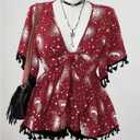 Women's Plus Size Boho Graphic Blouse Shirt Bow Tie Knot Half Sleeve Ruffle Hippie Peplum Tops (Red, XL)