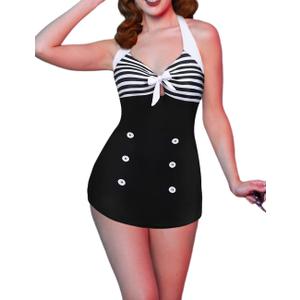 Ekouaer Womens One Piece Swimsuits Vintage Striped Skirt Bathing Suit Vintage Retro Push Up Swimwear (Black, XL)