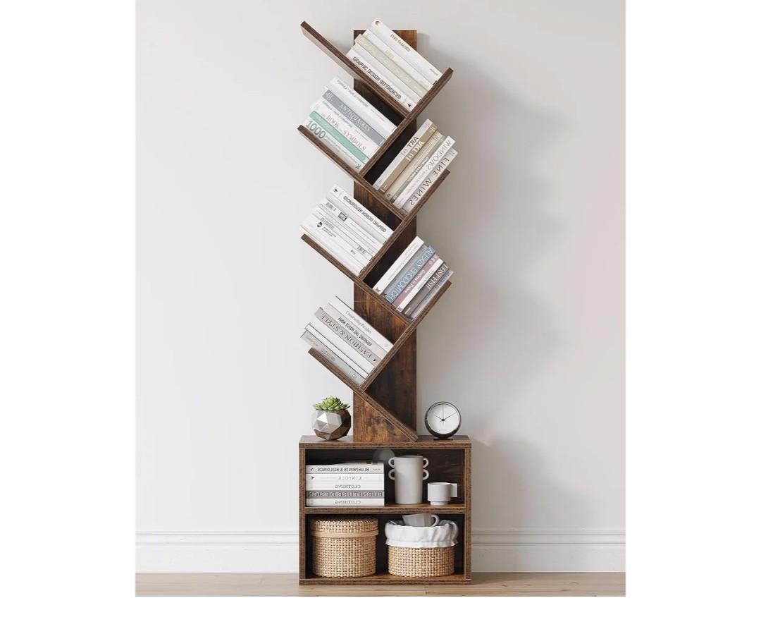 SUNMORY 6 Tier Tree Bookshelf, Small Bookcase with Storage Cabinet, Modern Tall Narrow Bookshelves Organizer, Floor Standing Book Shelf for Bedroom/Living Room/Home Office/Corner, Rustic Brown