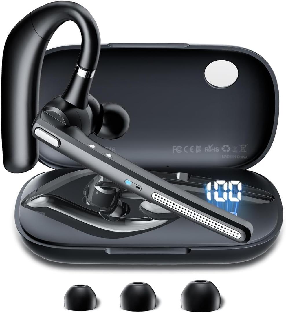 Bluetooth Headset with 72-Hour Talk Time & 500mAh Charging Case, Bluetooth V5.3 Headset with Noise Cancelling Mic Wireless Earpiece Hands-Free Headphones for Office Trucker Driving Business,Black