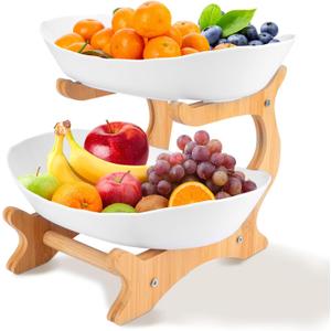 RETON 2 Tier Fruit Bowl for Kitchen Countertop, Plastic Fruit Basket Rack with Bamboo Wood Stand for Tiered Vegetable Storage Tray, Salad Cake Snack Dessert Party (White)