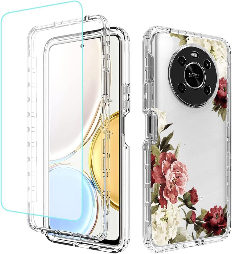 Phone Case for Honor X9 (4G/5G)/Honor X30/Honor Magic4 Lite Case with Tempered-Glass Screen Protector, Cute Clear Floral Pattern Full Body Protective Cover Cases for Huawei Honor X9 (Flower)