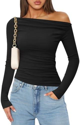 ZESICA Womens Off Shoulder Long Sleeve Tops 2025 Fall Casual Boat Neck Ruched Slim Fit Going Out Y2k Shirts Blouses. XL