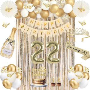 22nd Birthday Decorations, Champagne Gold Happy 22 Birthday Decorations with Sash and Crown, Banner, Fringe Curtains, Hanging Paper Fans, 22 Year Old Gifts