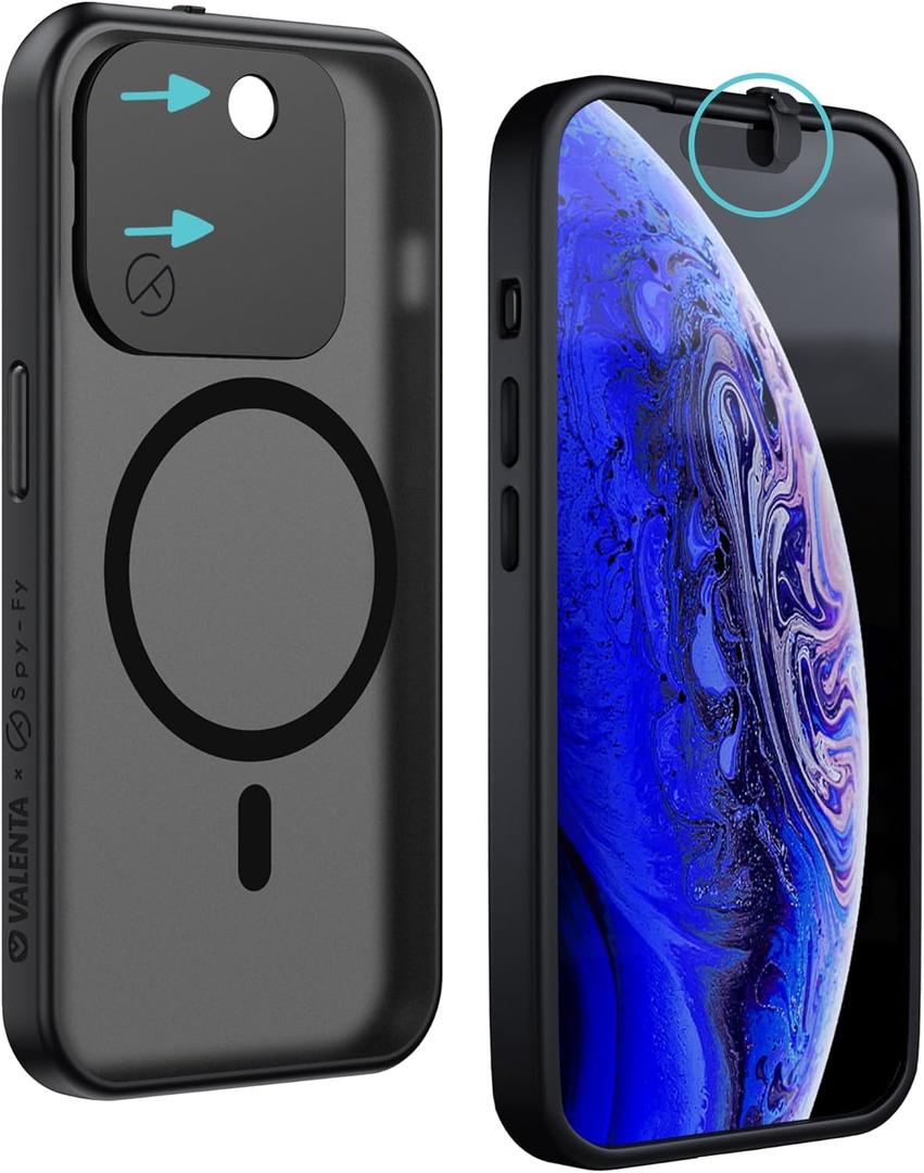 Spy-Fy iPhone 15 Pro Max Privacy Case with Camera Covers Front and Rear | Smokey | Magsafe Compatible and Kickstand | Protect Your iPhone | 6-Foot Drop Proof | 6,7 Inch | Camera Protection by Valenta